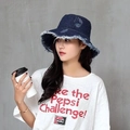 Distressed dark blue denim bucket hat with frayed edges for a vintage street style - M / Dark Blue