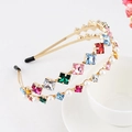 Baroque gold headband featuring colorful square rhinestones and white pearls on a cup - Double Layer Square Diamond-Gold