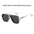 Men's square punk sunglasses with black silver metal frame and dark grey lenses - Black Silver Frame Black Grey Lens
