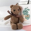 Brown woven teddy bear plush keychain featuring a matching satin neck ribbon - Dark Coffee