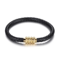 Men's hand-woven black leather bracelet with a gold-finished threaded magnetic clasp - Black (KB115229-KFC)
