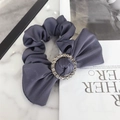 Elegant navy blue satin scrunchie with a large bow and sparkling crystal ring detail - Bow with Rhinestone / Gray