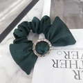 Elegant dark green satin scrunchie with a large bow and a sparkling crystal center - Bow with Rhinestone / Dark Green