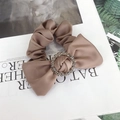 Brown satin scrunchie with large bow and rhinestone ring detail for elegant hairstyles - Bow with Rhinestone / Khaki