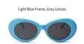 Detail view of oval light blue sunglasses frame with dark grey lenses for fashion - Light Blue Frame Grey Lens