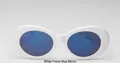 Close-up of retro oval white frame sunglasses with reflective blue mirrored lenses - Solid White Frame Blue Mirror Lens