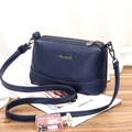 Three-layer dark blue leather crossbody bag with lychee texture and metal zip - Dark Blue