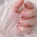 French gradient nude pink press-on nails with elegant gold edge and lace backdrop - French Gradient Nude Pink Gold Edge Style (JP649)