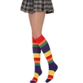 Detailed texture of vibrant rainbow striped over-knee cotton socks with elastic knit - Rainbow Wide Stripes