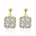 Elegant gold square snowflake earrings with sparkling zircon crystals on white background - Gold