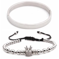 Silver stainless steel Roman numeral bangle with a zircon crown beaded bracelet set - Set 2 / Platinum Set