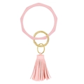 Pink diamond-textured silicone bracelet keychain with fringe tassel and gold metal ring - Light Pink