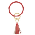 Red silicone geometric bracelet keychain with gold metal clasp and leather tassel - Red
