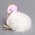 Barrette cygne rose à paillettes avec couronne dorée et pompon blanc pour fille - Cygne à Boule de Poils de Lapin Blanc (Barrette)