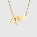 Detail view of heart charm and gold letter A pendant on a fine stainless steel chain - Letter A / Steel