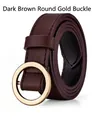 Women's dark brown PU leather belt with round gold buckle and classic lychee texture - Round Gold Buckle / Dark Brown