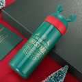 Green Christmas reindeer thermos with red antler lid and golden Merry Christmas print - 330ML / Green