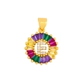 Detail of letter E pendant with multi-color zircon stones and gold plating texture - Gold E