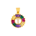 Macro detail of a round golden pendant with colorful zircons and a centered letter T - Gold T