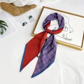 Elegant red and purple silk scarf with horse motif and blue border, tied in a knot - Red Purple Horse Block