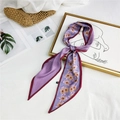 Lilac floral and houndstooth satin skinny scarf tied on a gold frame for styling - Purple Floral Check