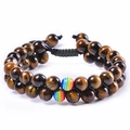 Double-layered tiger eye bead bracelet with rainbow stone accents and adjustable braid - Tiger Eye Double Row