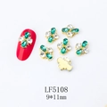 Detailed 9x11mm gold flower nail art charms with emerald and clear rhinestones - 5108 Peacock Green + White