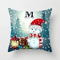 Close-up of festive Christmas cushion cover featuring snowman, pine tree and holiday motifs - Snowman and Christmas Lantern (DRD370-9)