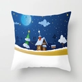 Square pillowcase featuring a dark blue snowy night and Christmas cottage illustration - Dark Blue Night Snow House (DRD370-21)