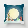 Christmas pillow cover with Santa and snowman scene on deep blue and beige square cushion - Moonlit Night Church Illustration (DRD370-22)