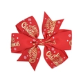 Detail of red grosgrain ribbon bow hair clip with gold Merry Christmas lettering and snow - Red Greetings Snowflake Style (5)