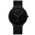 Detail of black mesh strap men's quartz watch with blue hands and small sub-dial - Black Band Black Dial Blue Hands