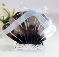 Silver shell candy box with laser-cut design and a light blue silk ribbon bow - Reflective Silver
