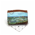 Detail of oil painting print coin purse featuring vintage canvas and brown leather trim - Pattern No. 2 (Almond Blossoms)