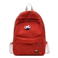 Red corduroy backpack for women featuring white straps and cute 3D cartoon plush eyes - Orange Red