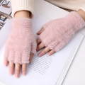 Soft pink faux mink fur fingerless gloves for women, warm winter plush half-finger mittens - One Size / Pink