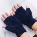 Thick navy blue plush half-finger gloves in soft faux mink fur for winter warmth - One Size / Blue