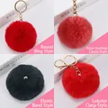 Faux rabbit fur ball keychains showing ring, chain, elastic, and lobster clasp styles - Elastic Band (No Hardware) / Red