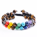Detailed close-up of double-layer woven tiger eye beads and seven chakra healing gemstones - Tiger Eye Double Row