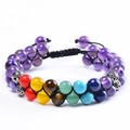 Double-layered braided bracelet with natural amethyst beads and seven chakra energy stones - Amethyst Double Row Bracelet