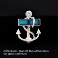 Silver anchor brooch with blue step-cut gemstone and clear zircon accent, 3.2cm size - No. 40-Silver Blue Gem Anchor