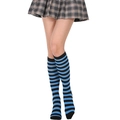Detail of blue and black striped knee-high socks paired with a plaid pleated skirt - Black and Lake Blue Fine Stripes