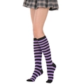 Detailed view of knee-high socks with purple and black stripes worn with a pleated skirt - Black and Purple Fine Stripes