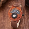 Men's wooden watch with brown leather strap and built-in compass on dial - No Logo Reddish Brown