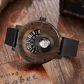 Men's retro wooden watch with walnut finish, compass dial, and black leather strap - No Logo Black Brown