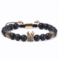 Bracciale corona in pietra lavica nera con zirconi dorati e cordino regolabile - Pietra Lavica Naturale (Stile Intrecciato Regolabile)