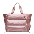 Pink quilted puffer gym bag with waterproof fabric and adjustable strap for women - Pearlescent Pink