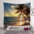 Nordic style tapestry featuring a beach sunset and palm trees on a brick wall background - Forest 6