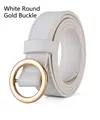 Minimalist white PU leather belt for women featuring a round golden alloy buckle - Round Gold Buckle / White