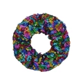 Detail of colorful sequins on elastic scrunchie showing rainbow reflections and texture - Rainbow